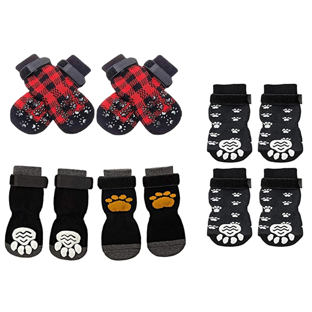 Anti-Slip Dog Socks 4pcs Paw Protector Traction Control Adjustable Indoor Wear Knitted Pet Socks with Rubber Reinforcement