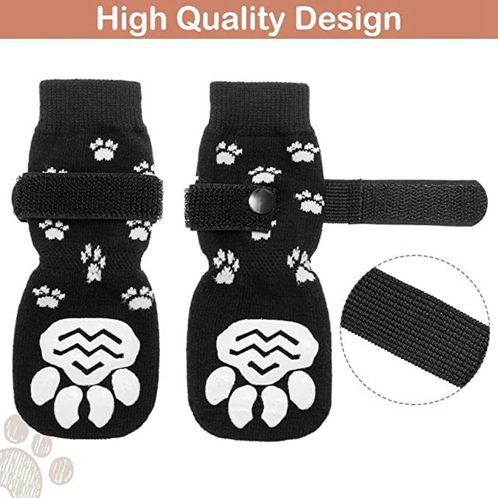 Anti-Slip Dog Socks 4pcs Paw Protector Traction Control Adjustable Indoor Wear Knitted Pet Socks with Rubber Reinforcement