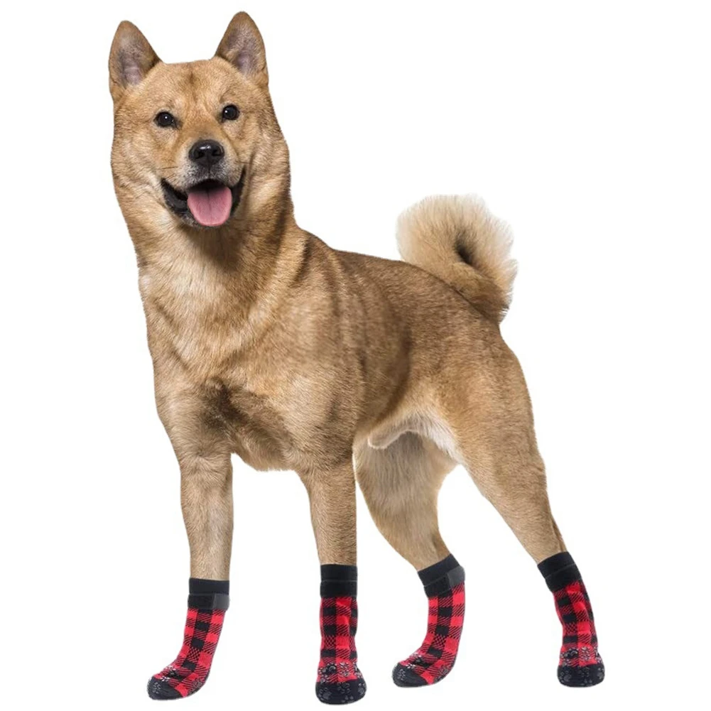 Anti-Slip Dog Socks 4pcs Paw Protector Traction Control Adjustable Indoor Wear Knitted Pet Socks with Rubber Reinforcement