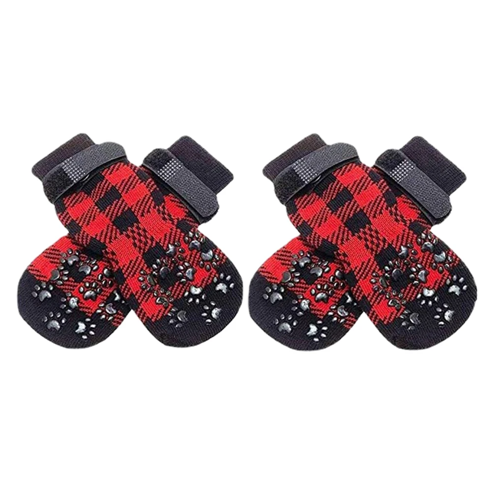 Anti-Slip Dog Socks 4pcs Paw Protector Traction Control Adjustable Indoor Wear Knitted Pet Socks with Rubber Reinforcement