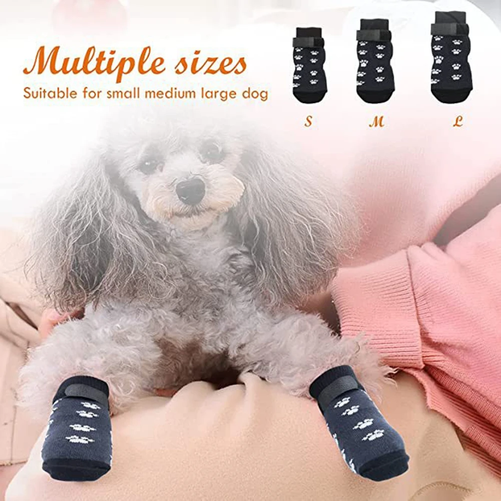 Anti-Slip Dog Socks 4pcs Paw Protector Traction Control Adjustable Indoor Wear Knitted Pet Socks with Rubber Reinforcement