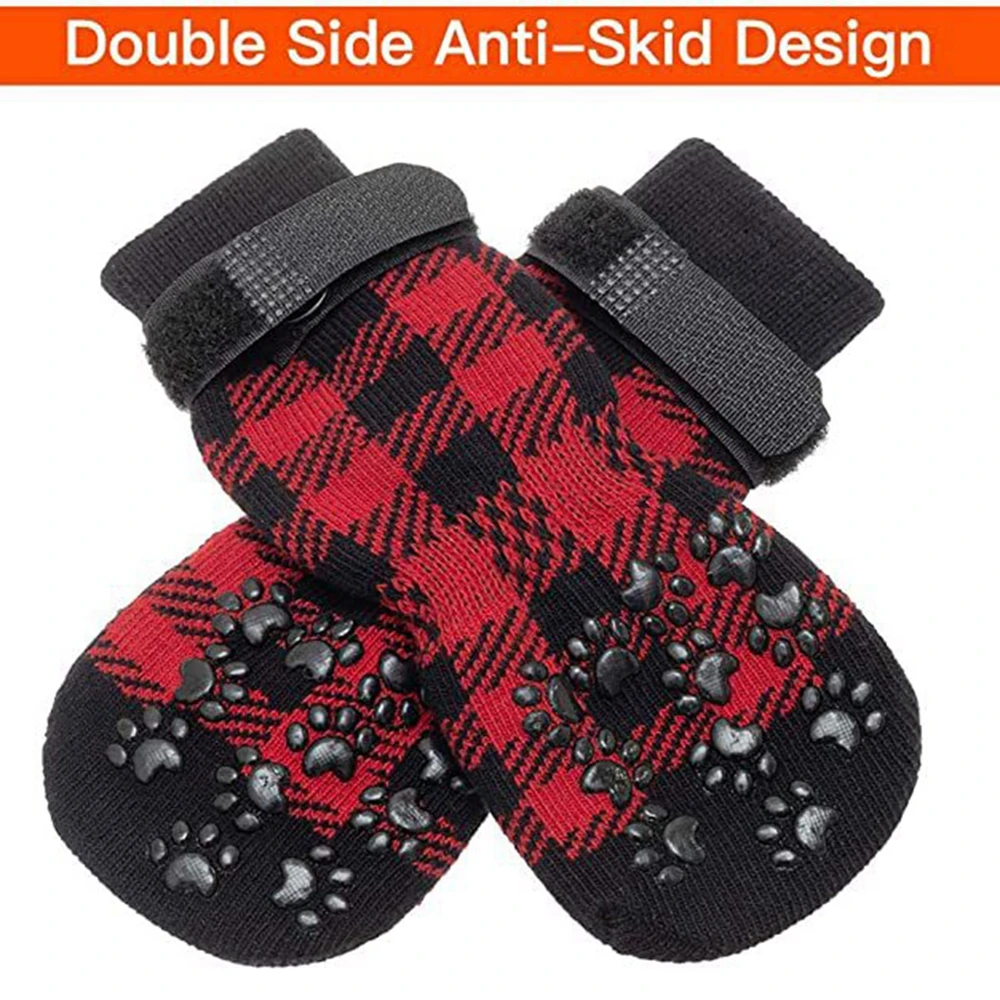 4Pcs Winter Warm Dog Socks Adjustable Anti Slip Skid Pet Shoes Socks Soft Breathable Paw Protector for Small Puppy Cat Dogs