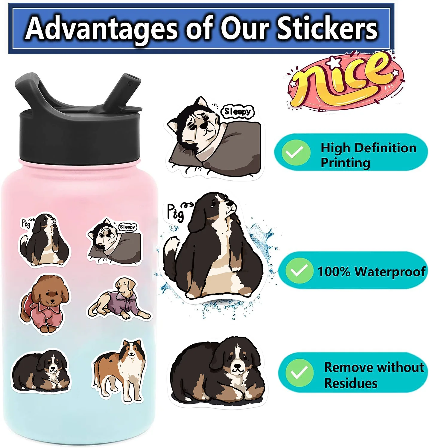 50pcs Cute Dog Stickers for Water Bottle, Funny Dog Stickers  Animal Hand-Drawn Stickers for Laptop Scrapbook Skateboard phone