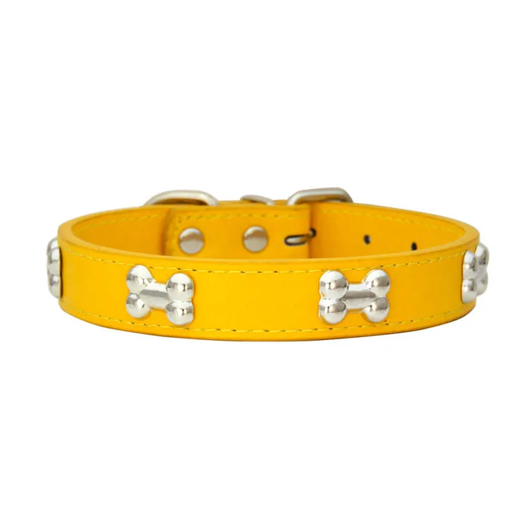 Adjustable Pet Collar Cat Dog Collar Solid Color Leather Strap Bones Decoration Durable Pet Necklace Pet Accessories