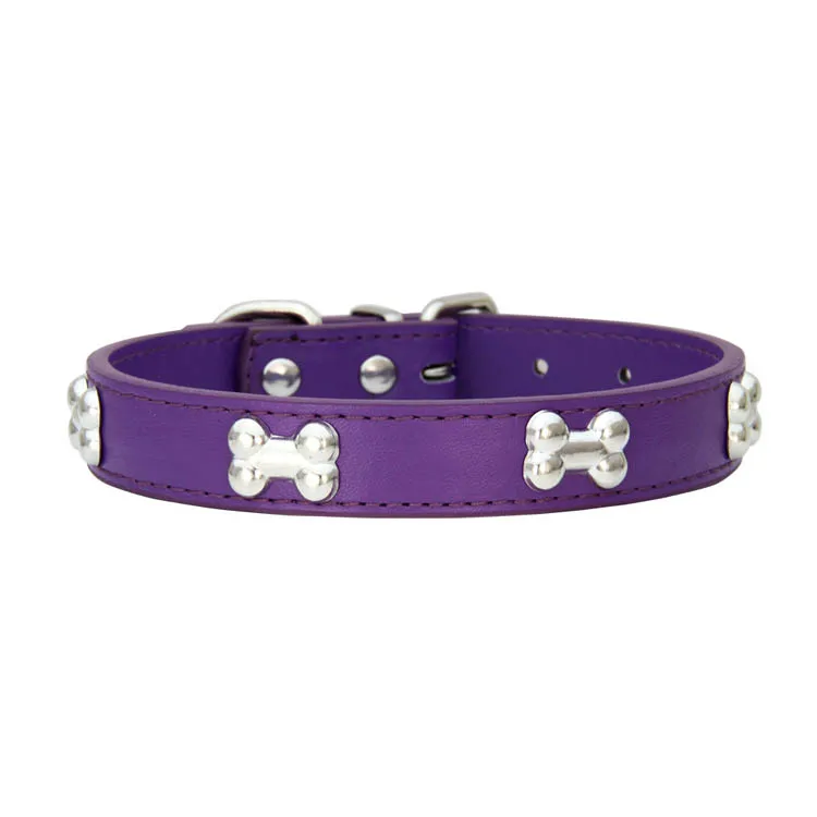 Adjustable Pet Collar Cat Dog Collar Solid Color Leather Strap Bones Decoration Durable Pet Necklace Pet Accessories