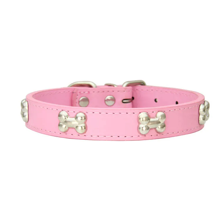 Adjustable Pet Collar Cat Dog Collar Solid Color Leather Strap Bones Decoration Durable Pet Necklace Pet Accessories