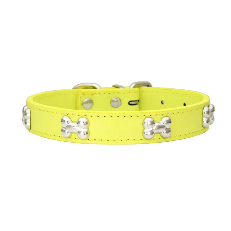 Adjustable Pet Collar Cat Dog Collar Solid Color Leather Strap Bones Decoration Durable Pet Necklace Pet Accessories